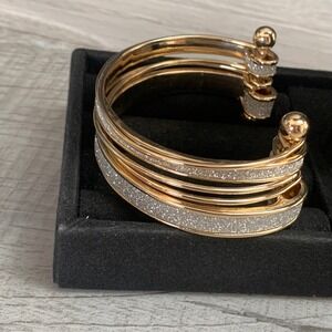 Gold Tone Multi Strand Glitter Cuff Bracelet Two Tone Layered Bangle Sparkle